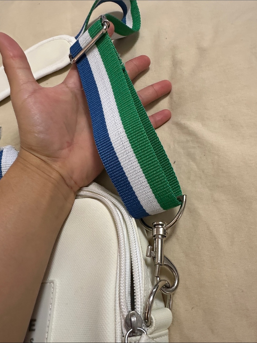 Lacoste White Laptop Bag with Green-Blue Striped Strap - Picture 3 of 9